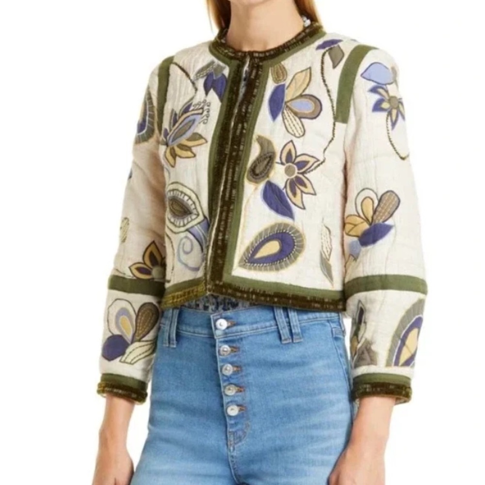 Veronica Beard Benica Embroidered Floral Silk Jacket in Oyster - Picture 4 of 16